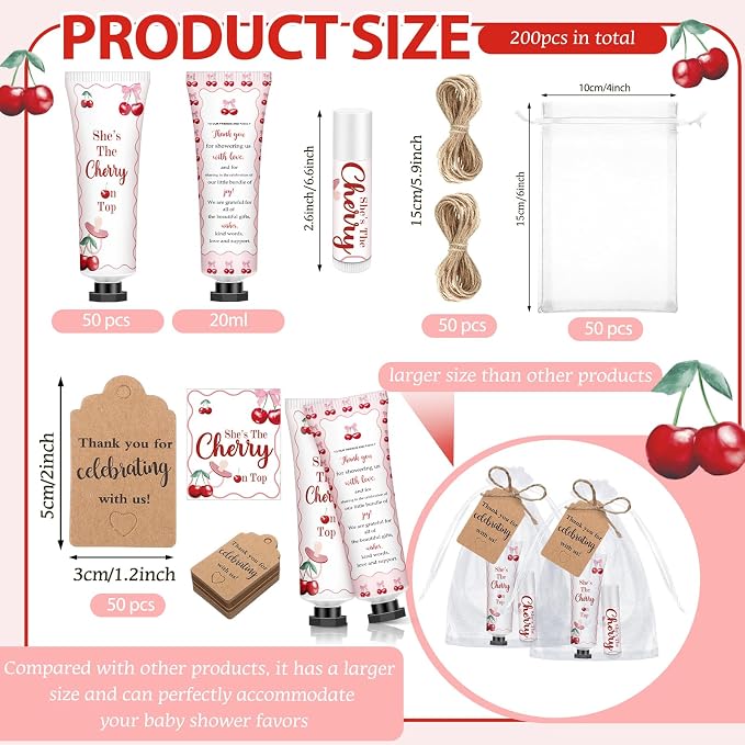 50 Sets 200 Pcs Baby Shower Gifts Bulk Hand Lotion and Lip Balm Party Favors Cherry Theme Travel Size Hand Lotion and Lip Balm with Organza Bags Tags