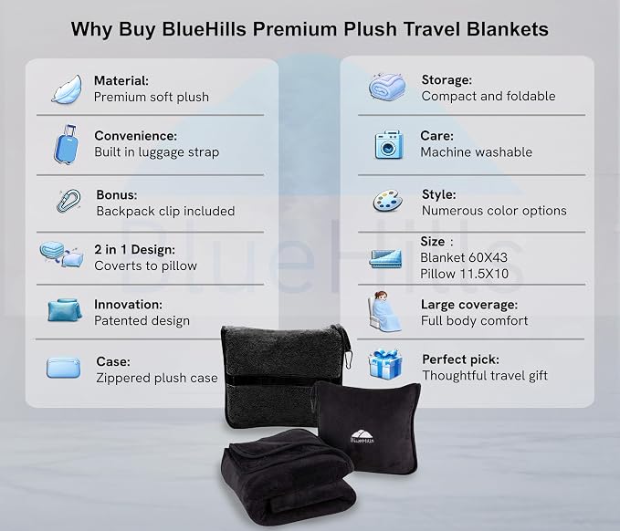 BlueHills 2-Pack Premium Soft Travel Blanket Pillow Airplane Blanket for Two in Soft Bag Pillowcase with Hand Luggage Belt and Backpack Clip, Compact Pack Large Blankets for Travel (Black T014)