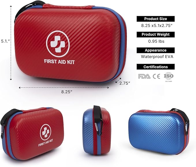 315 Piece Emergency Kit – Waterproof Hard Shell EVA First Aid Kit for Home, Car, Camping, Hiking, Travel, Office & Outdoor Emergencies(Red/Blue)