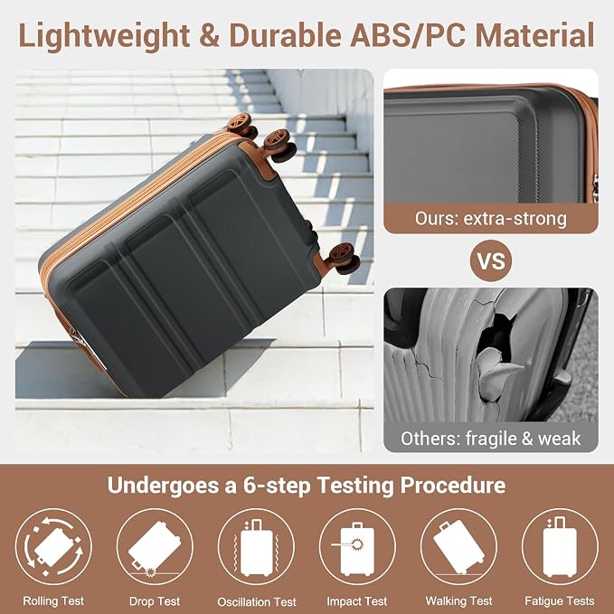 Kono 24 Inch Luggage Suitcase with Spinner Wheels TSA Lock Lightweight PC+ABS Hardside Medium Checked Luggage Durable Rolling Suitcase Apricot Grey