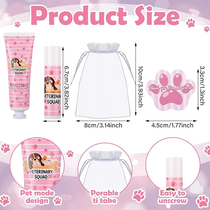 30 Packs Vet Appreciation Gifts Bulk Hand Cream & Lip Balm for World Veterinary Day & National Pet Day with Organza Bags and Thank You Cards for Veterinary Staff Techs Animal Lovers