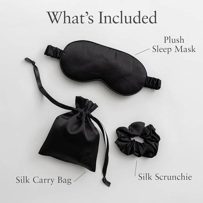 Zestt Organics Silk Sleep Mask Set, 100% Mulberry Silk Eye Mask for Women with Hair Scrunchie & Matching Carry Bag (Black)