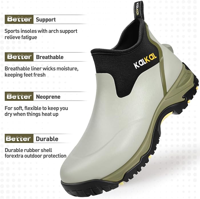 Kalkal Men's Rubber Boots, Waterproof Ankle Rain Boots, Insulated Working Booties with Comfortable Sports Sole, Outdoor Mud Boots for Yard Chore