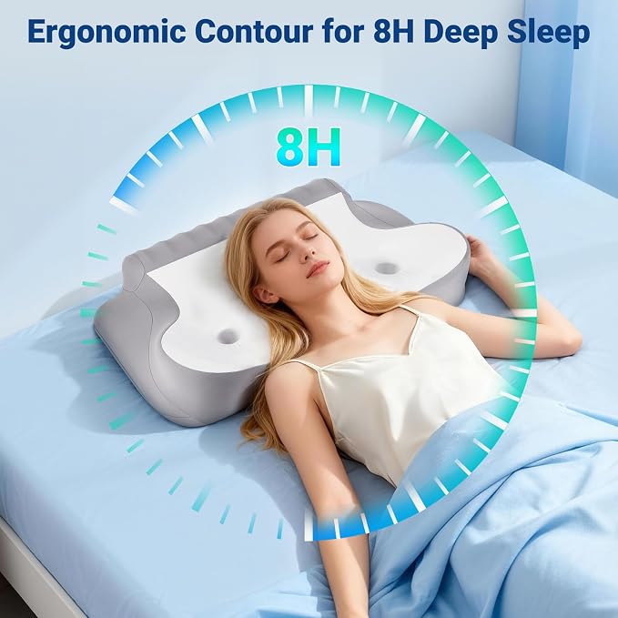 Cervical Pillow for Neck Pain Relief, Ergonomic Contour Memory Foam Neck Support Pillow with Ear Pressure Relief and Dual Height Design