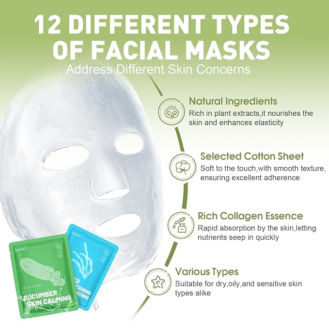 KONEUK 48 Pack Collagen Hydrating Face Masks Skincare for Women, Moisturizing & Soothing Face Mask for All Skin Types, Facial Masks Set Spa Gifts for Women, Bulk Sheet Face Mask for Skin Care