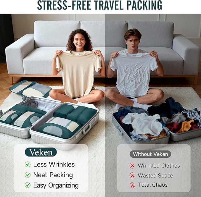 Veken 8 Set Packing Cubes for Travel Essentials, Suitcase Organizer Bags in 4 Sizes, Carry-On Luggage Accessories with Large Laundry Bag & Passport Holder, Must-Have for Airplane, Road Trip & Camping