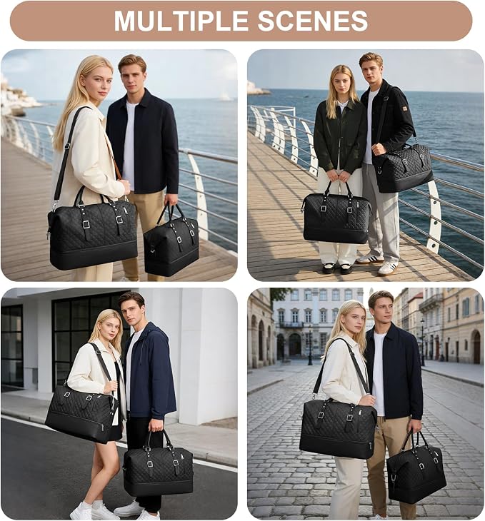Travel Duffel Bag, Weekender Overnight Bag for Women with Trolley Sleeve, Carry On Bag for Airplanes Sport Tote Gym Bag with Shoes Compartment.(Black)
