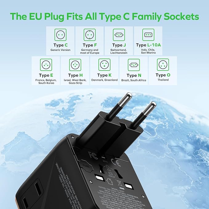 MOMAX Universal Travel Adapter 7-in-1, All-in-one European Travel Plug Adapter with 3 USB-C PD & 2 USB-A QC & 2AC, International Power Adapter Outlet for Travel UK/EU/AUS/JP, Travel Essentials(Gold)