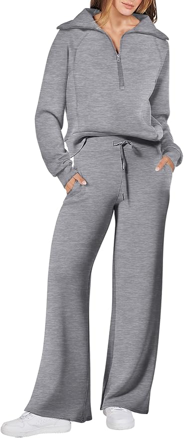 ANRABESS Women’s 2 Piece Outfits Half Zip Sweatshirt & Wide Leg Pants Airport Travel Lounge Matching Sets Sweatsuits Clothing