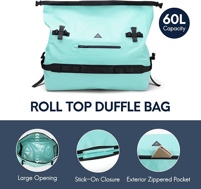 Haimont IPX7 Waterproof Roll-Top Dry Duffel Backpack | 60L/90L Sizes, 500D Tarpaulin, Welded Seams, Mesh Pockets, Boating & Kayaking