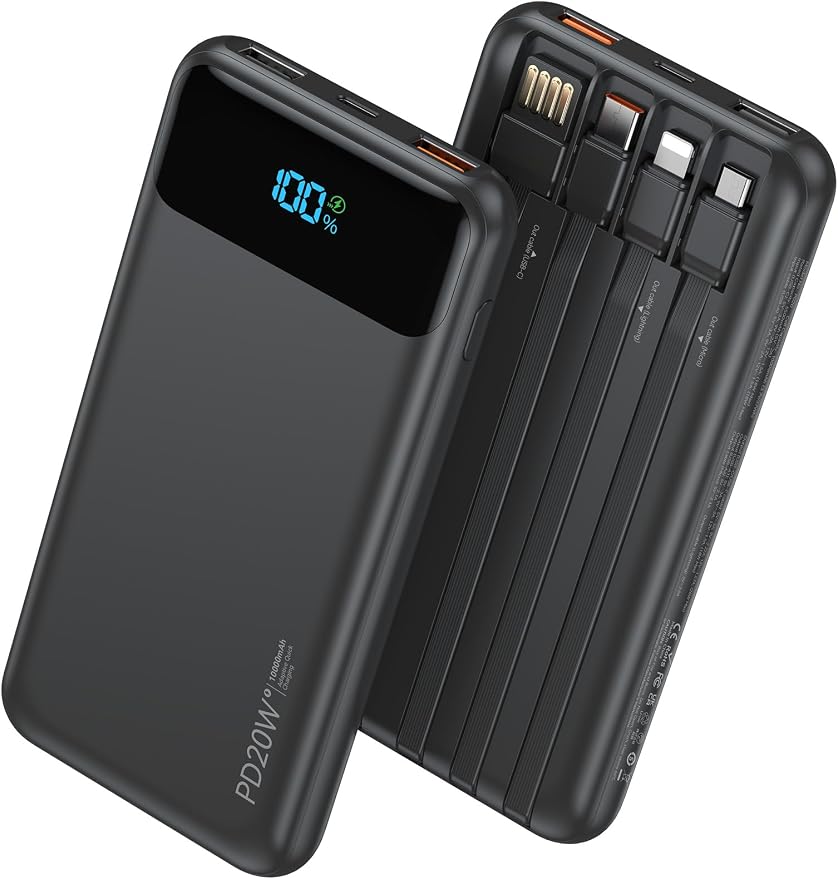 Nusyddy Portable Charger 10000mAh PD20W w/4 Built-in Cables/6 Outputs Black | PD20W Fast Charging, LED Display, Pass Through Charging, Charge 6 Devices at once, TSA Approved, Fits iPhone, iPad, Samsung