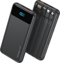 Nusyddy Portable Charger 10000mAh PD20W w/4 Built-in Cables/6 Outputs Black | PD20W Fast Charging, LED Display, Pass Through Charging, Charge 6 Devices at once, TSA Approved, Fits iPhone, iPad, Samsung