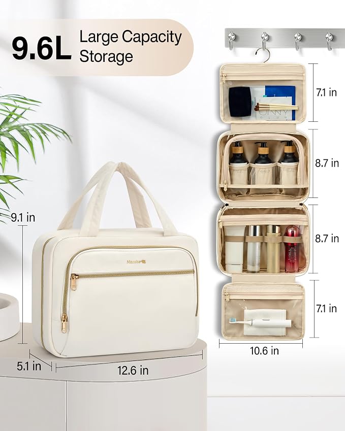 Hanke Hanging Travel Toiletry Bag for Women, Water-Resistant Makeup Organizer with Hook, Cosmetic Bag for Bathroom & Travel Essentials Accessories, Off White