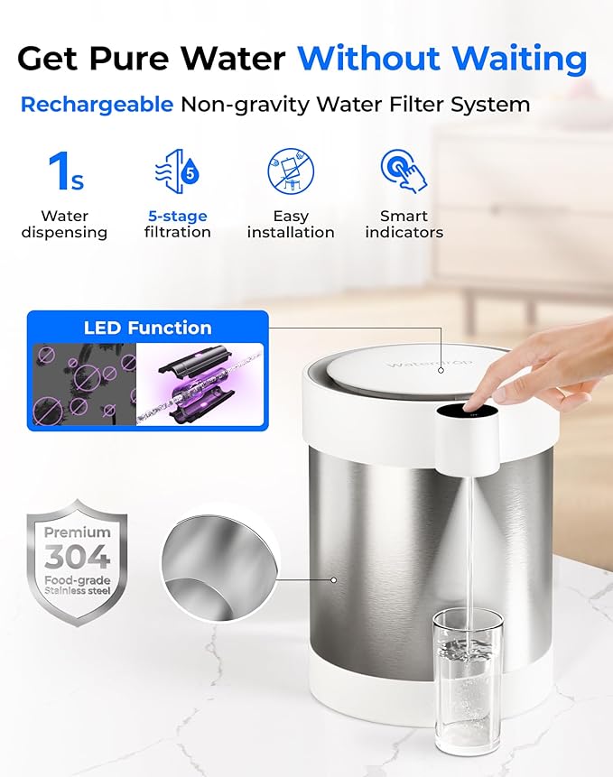 Waterdrop ED09W Rechargeable Non-Gravity Water Filter System with LED Function, Reduces 70+ Contaminants, Lead, Chlorine, 5-Stage Stainless Steel Filtration System, 22-Cup
