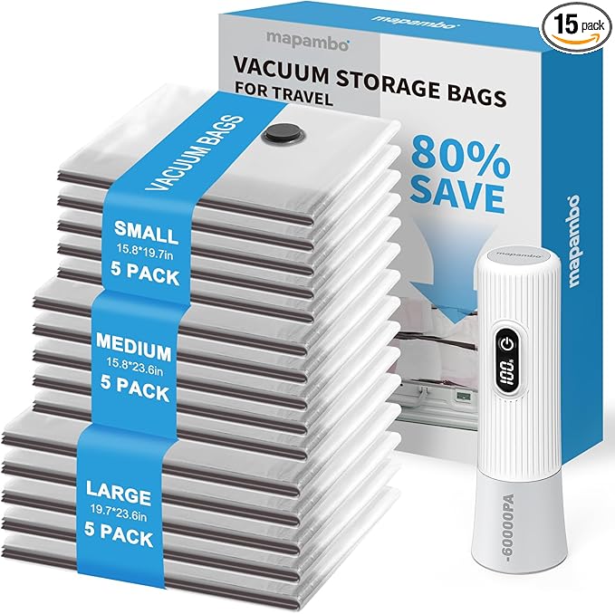 Mapambo Travel Vacuum Bags with -60000Pa LED Electric Pump, 15 Pack Vacuum Seal Bags for Clothing Travel in 3 Combo sizes, Space Saver Vacuum Storage Bags, Saving up to 80% of Space (15 Combo Size)