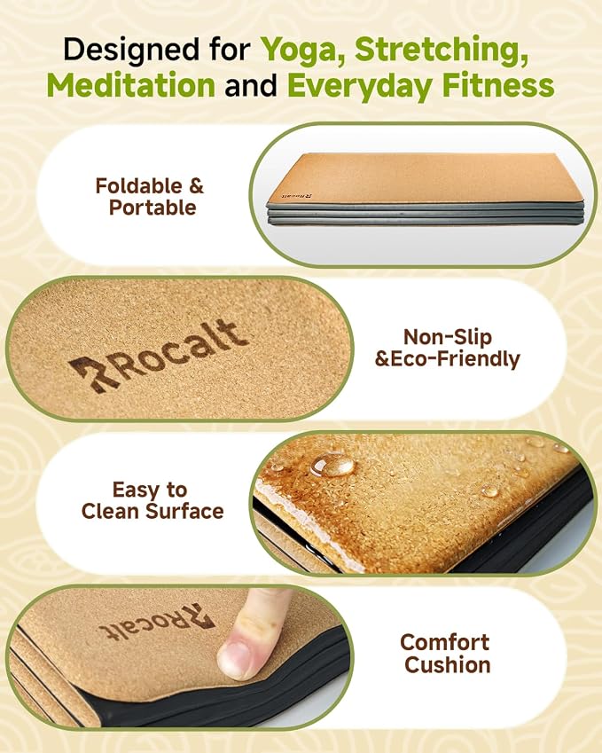 Rocalt Foldable Cork Yoga Mat, Non Slip Travel Pilates Workout Mat | 69 x 24 x 0.25 in, accordion-fold design, POE backing, carry strap for yoga, stretching and travel