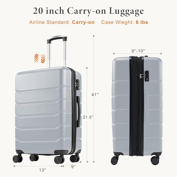 Sweetcrispy Carry on Luggage, Hard Shell ABS Suitcase with Double Spinner Wheels, Lightweight Expandable Rolling Suit Case with TSA Lock, 20 Inch Light Grey