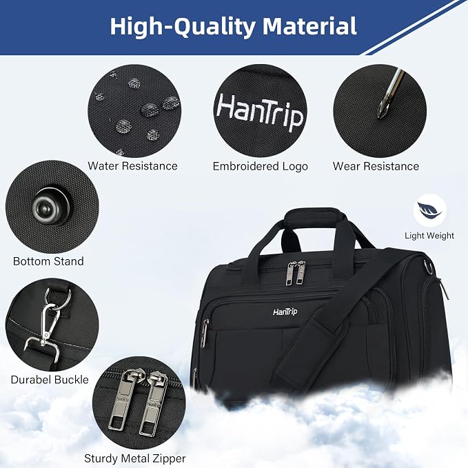 HanTrip Carry on Duffel Bag Foldable Duffle Bags for Travel, Under Seat Personal Item Bags for Airplanes, Weekender Overnight Mens Travel Tote Bag for Women Small Softside Carry on Luggage (Black)