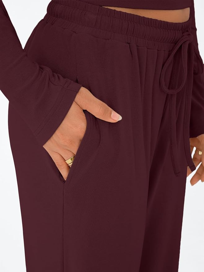Trendy Queen Women's 2 Piece Matching Lounge Set Long Sleeve Side Ruching Top Wide Leg Drawstring Pants Set with Pockets