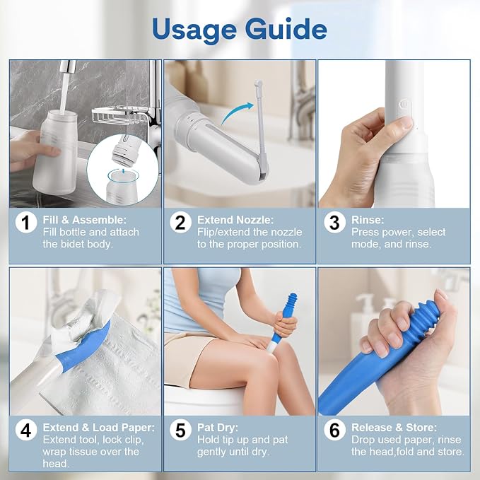 Portable Bidet for Travel & Foldable bottom buddy wiping aid for women, Electric Rechargeable 400ml Handheld Sprayer (3 Modes, IPX7, Type-C, 180° Nozzle) , Locking Clip, 2 Nozzles, Storage Bag (White)