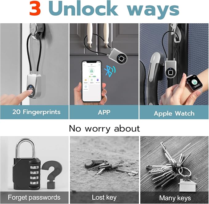 Fingerprint Gate Lock, 3.6'' Long Cable Fingerprint Lock, Smart Keyless Biometric Waterproof Outdoor Bluetooth Cord Gate Lock for Outdoor Fence Gym Locker Helmet Case