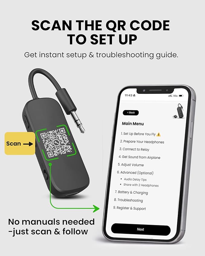 Avantree Relay - Premium Airplane Bluetooth Adapter with Advanced Qualcomm Chipset, 2 Headphones Support, 25hrs Play Time, aptX Adaptive & HD Audio Transmitter for Airpods, Bose & Travel Flight