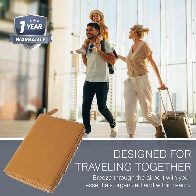 Full Grain Leather Family Passport Holder for 4 Passports - RFID Passport Holder and Travel Document Organizer - Large Leather Travel Wallet for Families - Camel