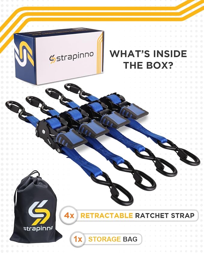 Strapinno 4 Pack Auto Retractable Ratchet Straps Bundle -1 in x 6 ft, 1500 LBS Break Strength Each, Heavy Duty Tie Down Straps for Cargo Securing, Weather Resistant Safety S-Hooks, Blue Strap