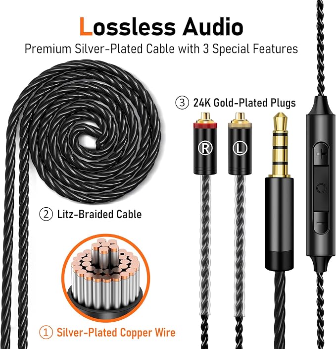 Vibes 202M Wired Earbuds - HiFi in Ear Monitor Headphones - Noise Isolating Ear Buds w/ Mic - Clear Sound, Deep Bass & Comfort-Fit Gaming Earphones - MMCX to 3.5mm & Silver Plated Cord, Carrying Case