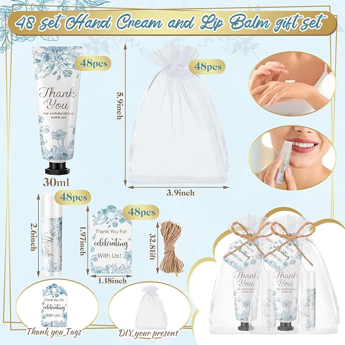 48 Sets/ 192 Pcs Something Blue Floral Bridal Shower Party Favors Bulk Something Blue Before I Do Hand Cream and Lip Balm Gift Travel Size Hand Lotion Bridal Shower Wedding Favors for Guest