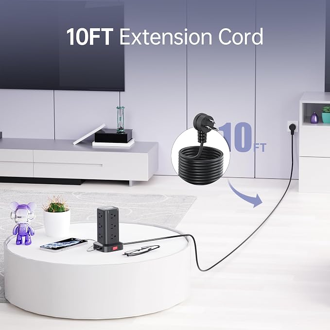 Extension Cord with Multiple Outlets, SMALLRT Surge Protector Power Strip Tower, 10FT Outlet Extender with 12 AC Outlets 4 USB, Power Strip with USB Ports for Home Office Dorm Room,Overload Protection