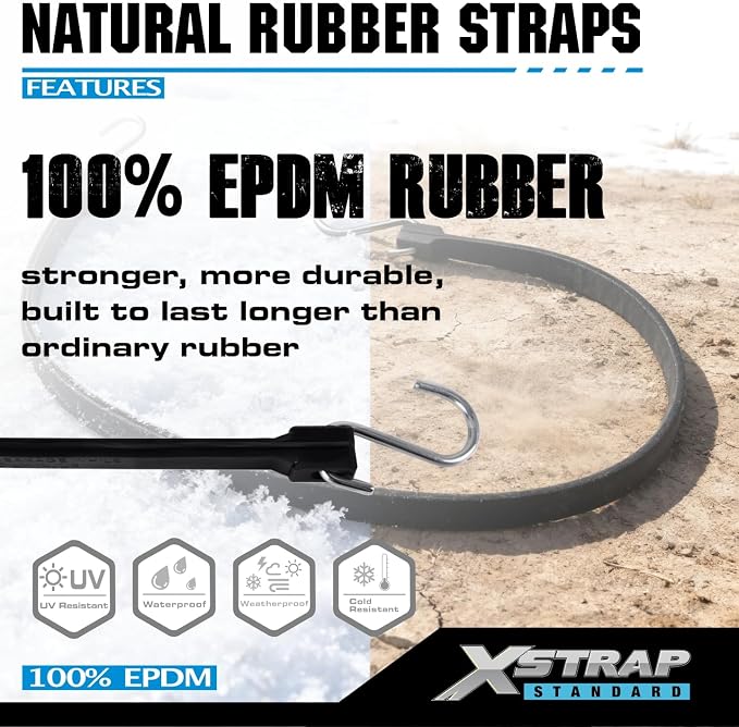 XSTRAP STANDARD 20 Pack Multiple Size Natural Rubber Tarp Bungee Straps Tie Down Cords with S Hooks Heavy Duty Ideal EPDM Bungee Cords for Outdoor, Tarp Covers, Canvas Canopies and Cargo