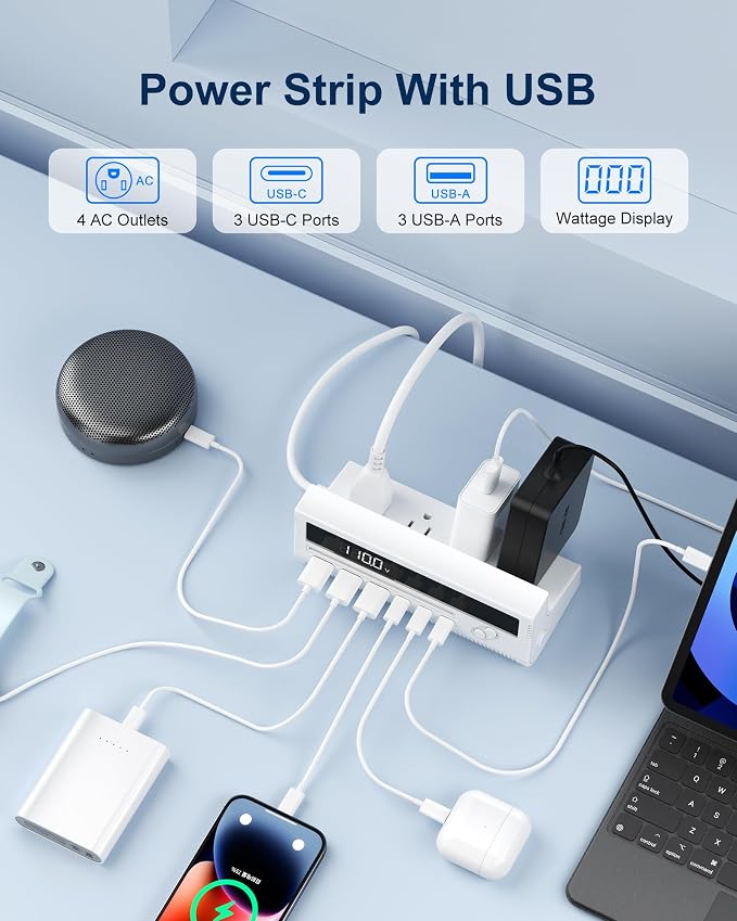 10-in-1 USB Charging Station, 4 Outlets Power Strip with 6 USB, 5 FT Long Extension Cord, 45° Flat Plug, 20W Fast Mulit Charging Station for Home Office Travel Plug Extension Outlet (White)