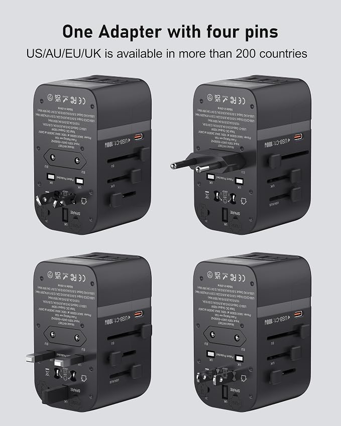 100W GaN Universal Travel Adapter International Power Adapter, with 5 USB(3 USB C) Charging Ports European Travel Plug Worldwide for US to Europe UK, EU, AU (Type C/G/A/I) Outlet Wall Charger
