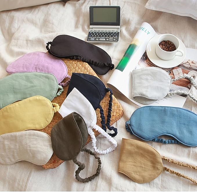 100% Pure Linen Sleep Mask Blackout Eye Mask for Sleeping, Eye Cover with Adjustable Strap - Organic Cotton Core Linen Eyes Mask Breathable for Travel - Gift for Women Men (deciduous Yellow)