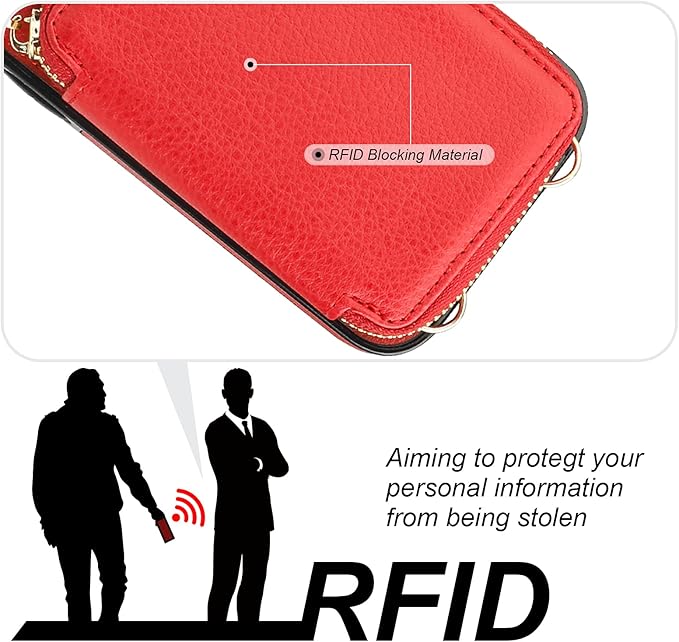 Bocasal RFID Blocking Wallet Case for iPhone 17 Pro Max, Adjustable Crossbody Zipper Purse Case Card Holder with Kickstand Detachable Wrist Strap, PU Leather Flip Folio Case 6.9 Inch 5G (Red)