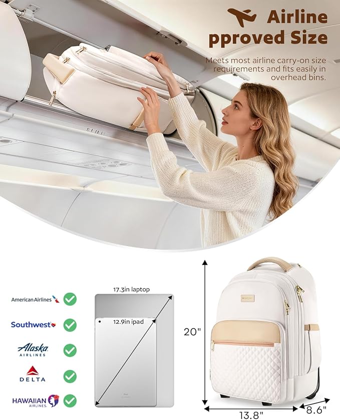 Arcoyard Rolling Backpack For Adults With Wheels, 40L Wheeled Backpack For Women, Travel Roller Backpacks, Carry On Luggage, Rolling Bag, Beige