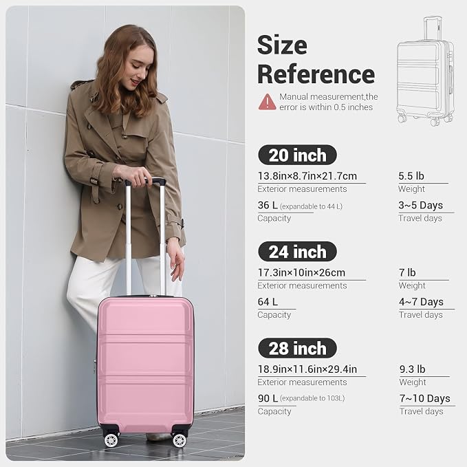 Kono Carry On Luggage 22x14x9 Airline Approved with Spinner Wheels,Lightweight PC+ABS 20 Inch Luggage with TSA Lock,Expandable Hard Shell Carry On Suitcases for Men Women,Pink