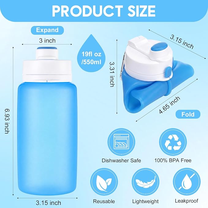 LemonRoad 2 Pcs 19 oz Silicone Collapsible Water Bottle Portable Foldable Water Bottle Leakproof with Carabiner Reusable Lightweight for Travel Sport Hiking Camping Cycling Office(Gray Blue)