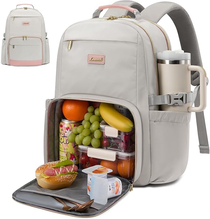 LOVEVOOK Lunch Backpack with Lunch Compartment,15.6 Inch Laptop Work Travel Insulated Cooler Backpack Purse, Waterproof College Teacher Lunch Bag Box with Tumbler Holder,Gifts for Men Women,Gray-Pink