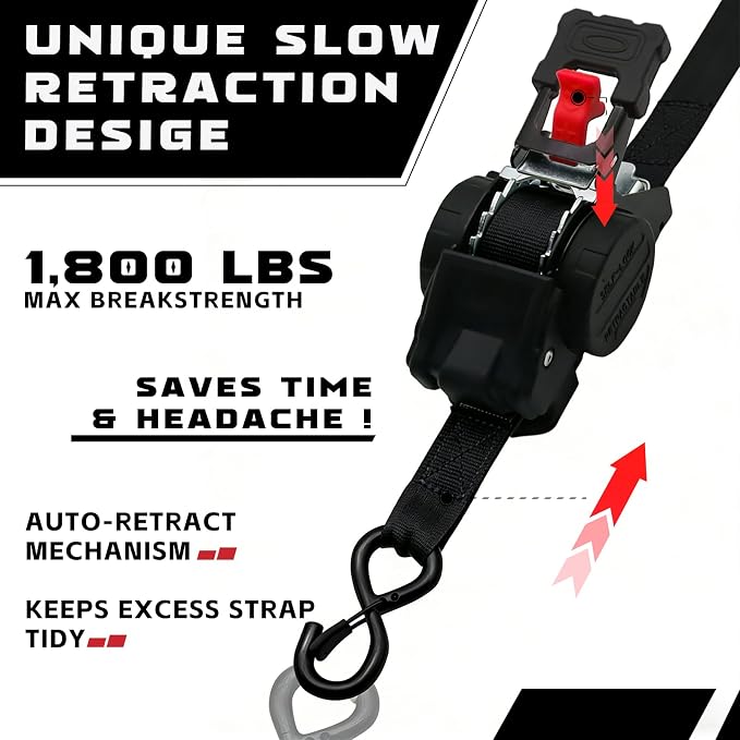 Retractable Ratchet Straps 1" x 13Ft, Heavy Duty Self Retracting Tie Down Straps, 1800lb Break Strength Auto Retract Cargo Straps for Truck, Trailer, Motorcycle, ATV, UTV, (Black, 2 Pack)