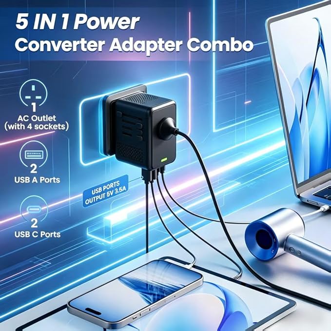220V to 110V Voltage Converter US to Europe for Hair Dryer with Fast Charging, Power Converter Adapter Combo 2 USB A & 2 USB C, International Adapter European Travel Converter C G A I (Black)
