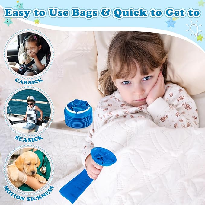 Valchoose 60 Pack Kids Barf Bags, Children Emesis Bags Disposable 800ml, Leak-Proof, Puke, Throw Up, Nausea, Vomit, Easy to Use, Perfect for Car Sick, Motion, Chemo, Road Trip, Travel (Blue)