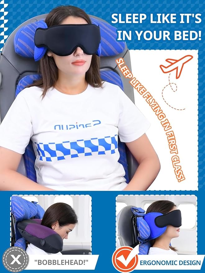 SARISUN Travel Pillows for Airplanes, Airplane Pillow for Long Flight, Airplane Head Strap with Sleep Eye Mask, 360° Support Headrest for Car Road Trip, Stop Bobblehead Travel Essentials, Red