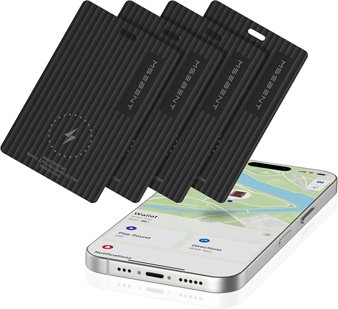Wallet Tracker Card Smart Tag 4 Pack, Apple MFi Certified Bluetooth Finder, Wireless Charging Slim Item Locator, IP67 Waterproof, Works with Apple Find My for Keys, Bags, Passport, iOS Only