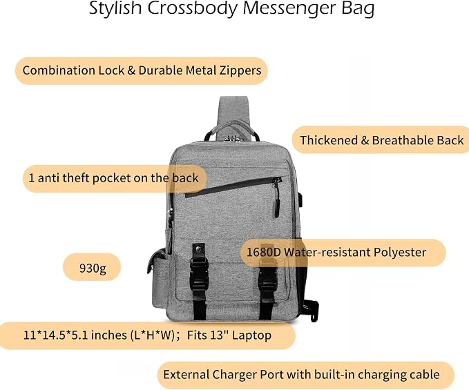 Leaper Anti-Theft Crossbody Sling Bag：one-handed quick-open lock in 3 seconds & hidden zippered pockets for Travel, Work & Daily Commute, Gray