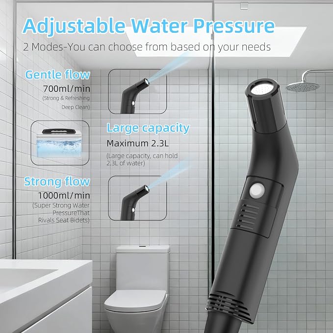 Portable Bidet for Travel with Soft and Strong Water Pressure Modes, USB-C Rechargeable Travel Bidet, Large 2.3L Water Tank for Home and Camping Use (Black)