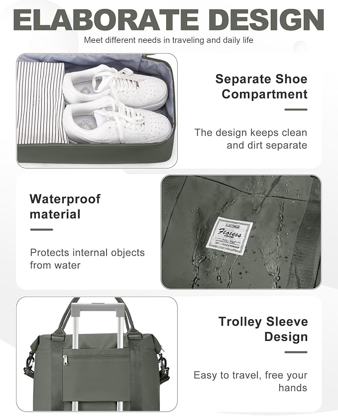 Spirit Travel Duffel - 18x14x8 Inches Weekender Overnight Bag with Shoes Compartment, Trolley Sleeve, Carry On for Airplanes, Sport Tote Gym Bag - Green
