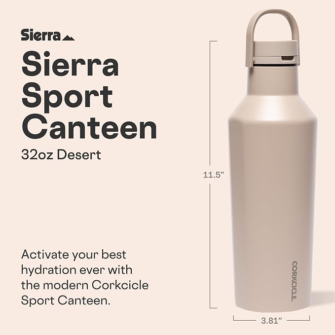 Corkcicle Classic Sport Canteen Insulated Water Bottle - Keeps Beverages Cold 25 Hours - Triple Insulated - Summer Drinkware Gift - Keeps Drinks Ice Cold - Leak-Proof Cap - 32 oz - Desert