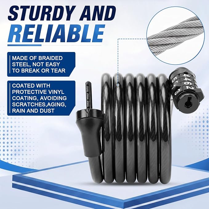 Bike Lock Cable with Combination, Coiled Preset Bike Lock High Security 4 Digit Bicycle Locks Anti Theft Bikes Accessories Black Bicycle Cable Locks, 5/6 Inch Diameter(10 Pcs,5 Feet)